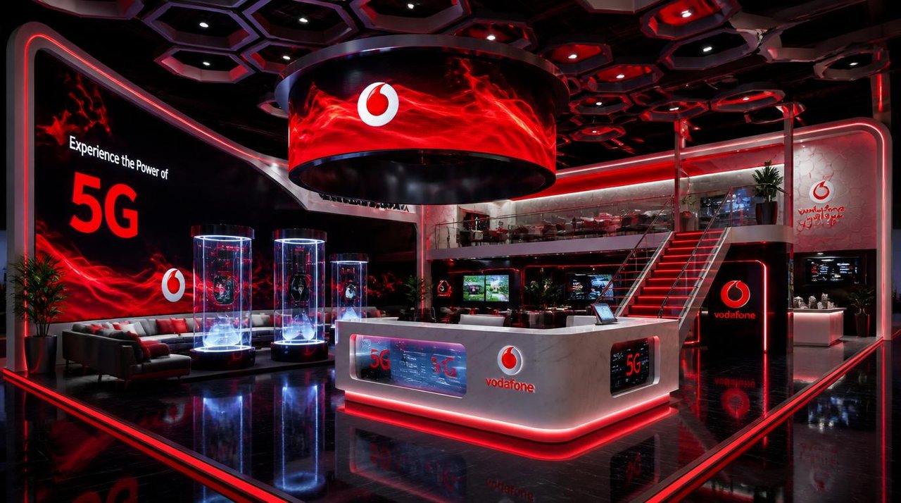Vodafone 5G double-deck booth 12x10m — concept render