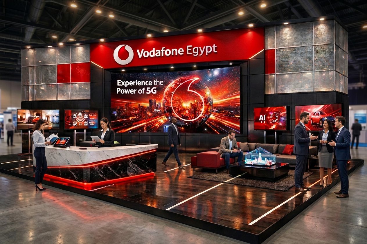 Vodafone Egypt pavilion build with visitors — concept render