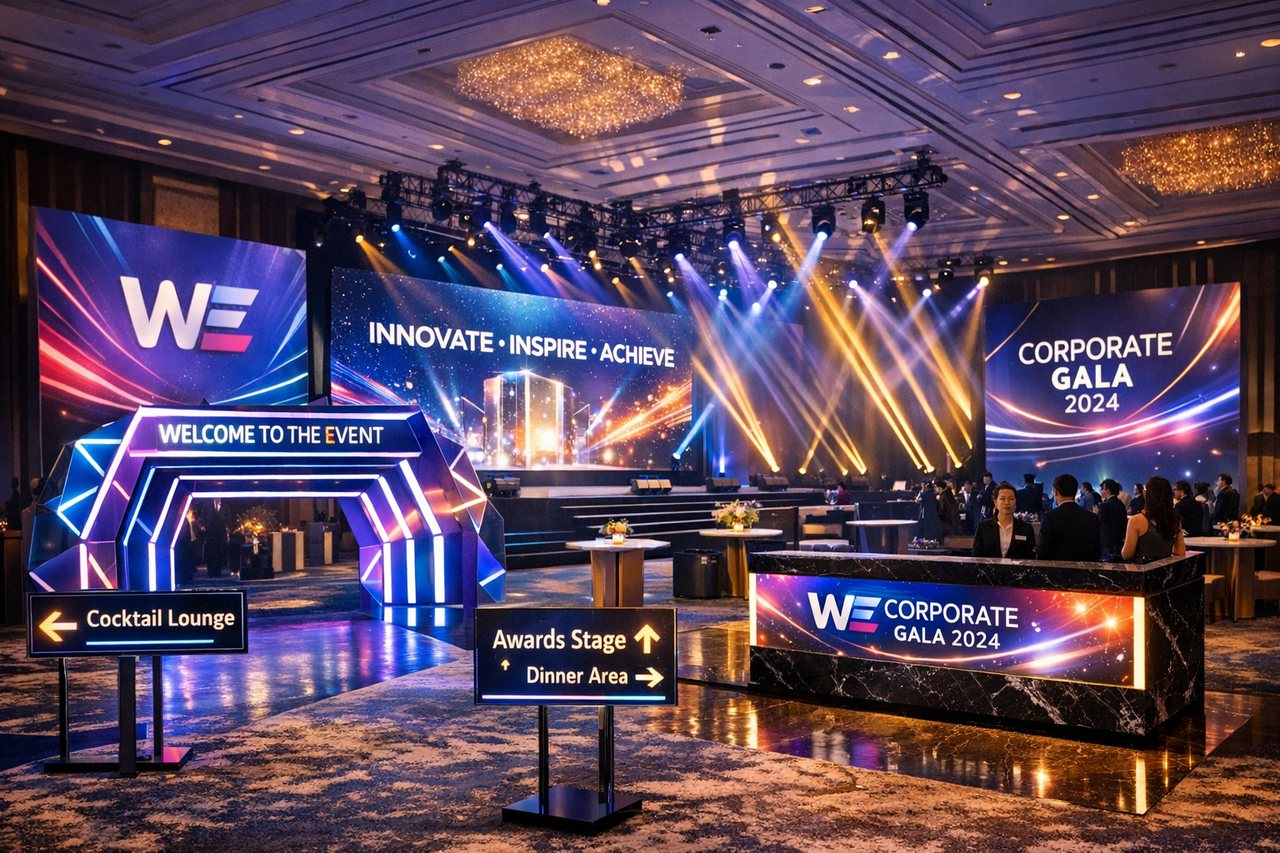 WE corporate gala stage and signage — concept render